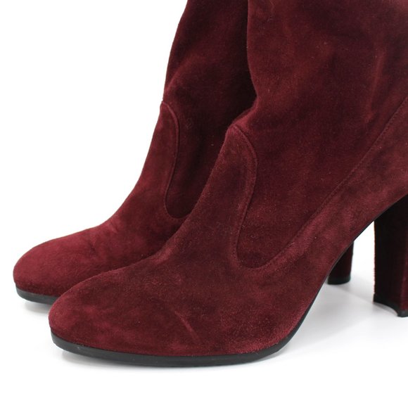 Stuart Weitzman Burgundy Suede Glove Tie Back Round Toe Heeled Ankle Bootie 9 - Picture 3 of 7